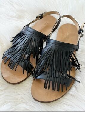 J. Crew Black Leather Fringe Slingback Sandals